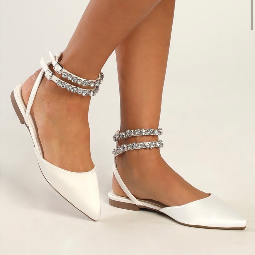Lulus Boxton White Satin Rhinestone Pointed-Toe Ankle Strap Flats - Size 10